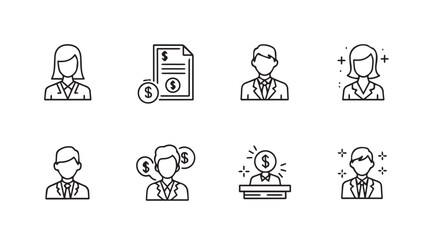 Collection of business and finance icons in a simple hand drawn silhouette style