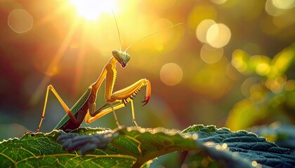 A praying mantis stands on a textured green leaf, illuminated by the warm glow of the sun.