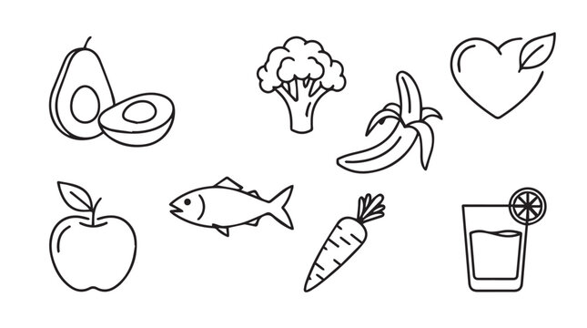 Collection of healthy food icons in a simple hand drawn silhouette style silhouette