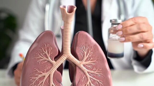 Anatomical model of human lungs and trachea with doctor holding vial