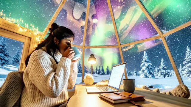 Woman in cozy igloo observes aurora borealis while working