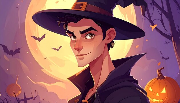 Cartoonish Halloween scene with a man in a witch hat against a bright full moon and flying bats background