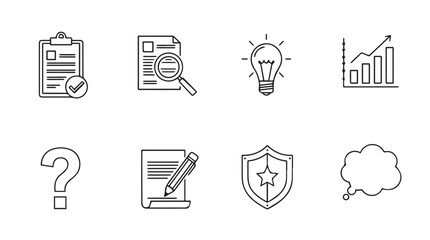 Collection of eight distinct business and idea icons in a simple line drawing silhouette style
