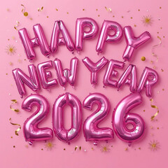 A vibrant pink illustration features a card with Happy New Year text, making it a perfect holiday greeting design for celebration