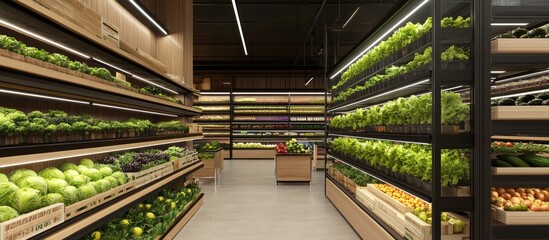 Well-lit interior of a modern supermarket aisle displaying an abundance of fresh organic vegetables, leafy greens, and fruits in wooden crates on shelves.