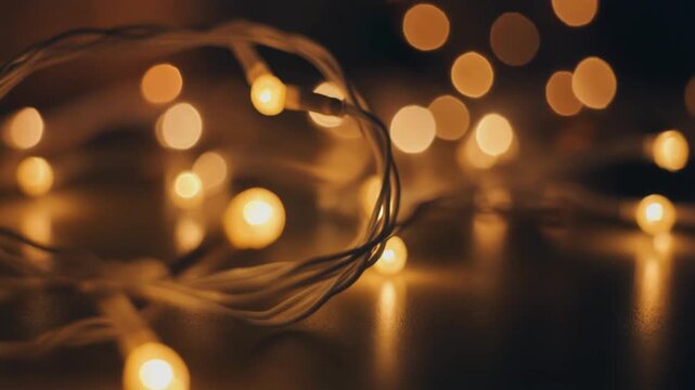 Coiled string of warm glowing fairy lights on a dark reflective surface with blurred lights in background.