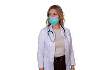 Female doctor wearing protective face mask and stethoscope, looking away on transparent background, healthcare and medical profession concept