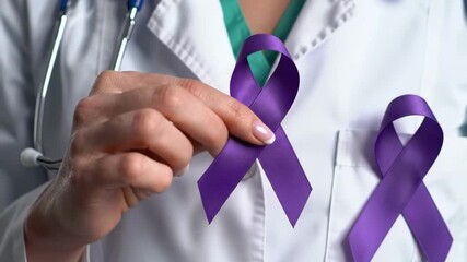 Doctor holding purple ribbons to support pancreatic cancer awareness