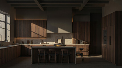 Stunning modern kitchen interior with wood cabinets bathed in warm sunlight evokes a sense of home and culinary inspiration