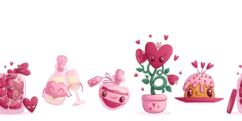 Seamless frame with cute cats on a white background. The concept of lovers, Valentine's Day. Cute characters. Vector illustration for postcards, posters, banners