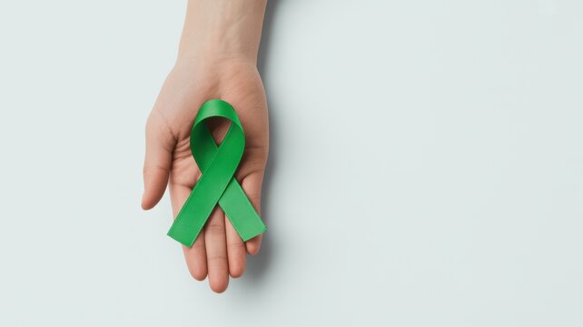 A hand holding a green ribbon on a white background for mental health awareness and support campaign