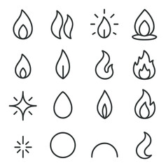 Minimalist fire icon set on gradient background with various flame designs