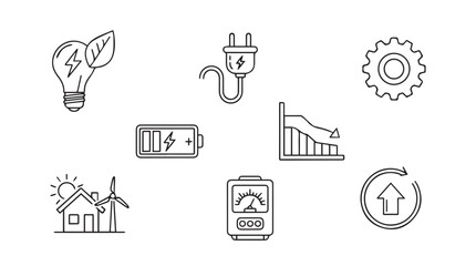 Collection of hand drawn silhouette icons representing renewable energy and power concepts silhouette