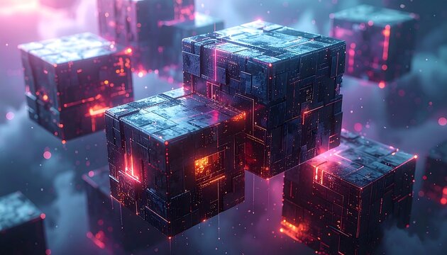 Abstract Cubes with Glowing Edges in a Digital Realm.