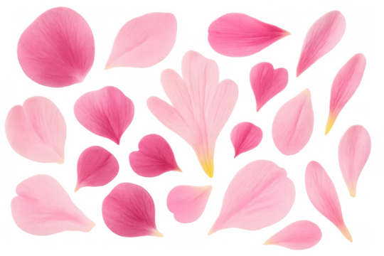 Pink flower petals falling and scattering, creating a soft romantic atmosphere on transparent background