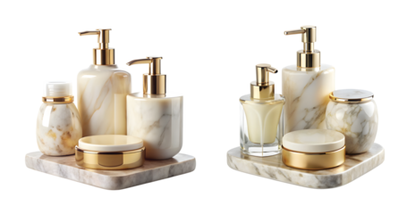 Marble Countertop Bathroom Display: Elegant marble surface with lotion bottle, soap bar, and perfume jar, classy modern style, PNG cut out.