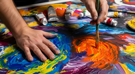 Artist?s Hands Painting Vibrant Colors on Canvas in a Creative Studio Environment with Various Art Supplies Scattered Around in a Colorful Abstract Design
