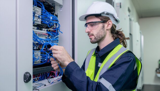 Technician at Work: A skilled technician diligently inspects and manages electrical wiring within an industrial setting, showcasing expertise and precision. 