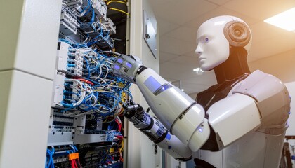 Robotic Precision: A sleek, advanced robot meticulously examines intricate network cables within a server room, highlighting the convergence of technology and automation.