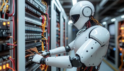 Cybernetic Technician: A cutting-edge robot skillfully navigates a server room, inspecting intricate network cables and digital infrastructure with precision and purpose.