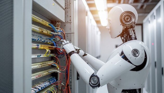 Robotic System Administrator: A sleek, modern robot, diligently manages and maintains a complex server system in a futuristic data center, demonstrating innovation in data management.