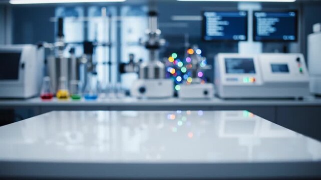 3230155 305 Modern laboratory background with empty table. Blurred lab interior with empty white table for product display. 64082902 1