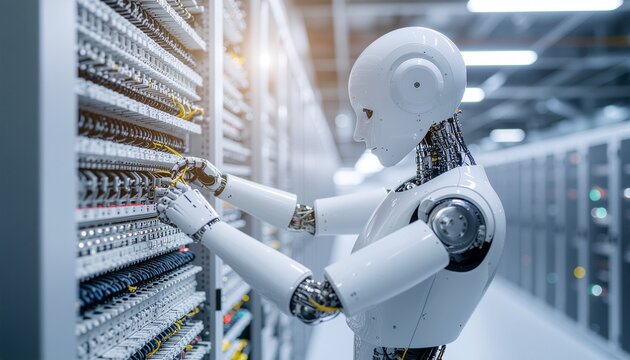 AI Technician: A humanoid robot diligently works within a server room, meticulously examining and maintaining complex machinery. - Powered by Adobe