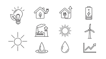 Collection of hand drawn environmental energy icons in a clean silhouette style representing sustainability and renewable resources