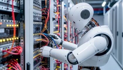 Robot in the Server Room: An advanced, humanoid robot meticulously works amidst a complex array of server equipment.