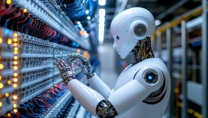 AI Technician in Data Center: An advanced robot meticulously examines the intricate wiring within a bustling data center, exemplifying technological advancement and automation.