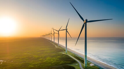 Row of wind turbines generating clean renewable energy on a coastal landscape at sunset with warm golden light illuminating the sky and sea