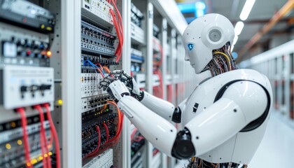 Robotic Precision: A sleek, advanced robot meticulously examines and manages intricate computer servers, showcasing the cutting-edge fusion of automation and information technology.