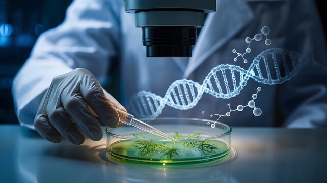 Scientist in laboratory coat examining a petri dish with glowing green substance under a microscope with dna molecules overlay - Powered by Adobe