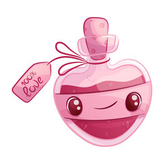 A cute bottle with a love potion on a white background. A smiling character. The concept of lovers, Valentine's day. Isolated cartoon vector illustration for the design of postcard, textile, sticker