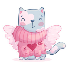 Cute cat with wings in a pink sweater on a white background. The concept of lovers, Valentine's day. Isolated cartoon children's vector illustration for the design of postcards, cards, stickers