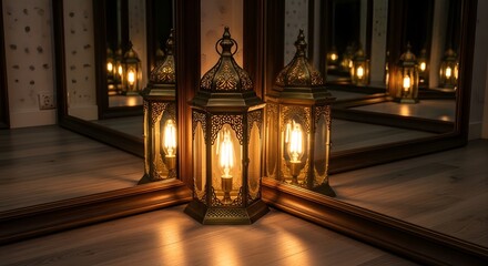 Fototapeta premium A group of ornate lanterns with glowing light bulbs placed on a wooden floor near a mirror, creating a warm and cozy ambiance in the room
