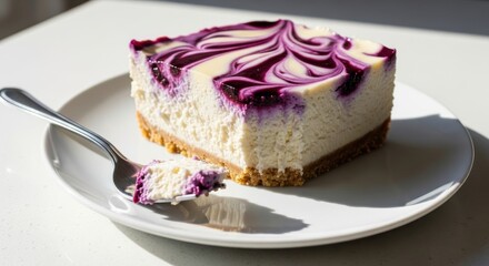 A delicious slice of blueberry swirl cheesecake on a white plate with a fork, showcasing its creamy texture and graham cracker crust, perfect for a dessert advertisement or recipe blog