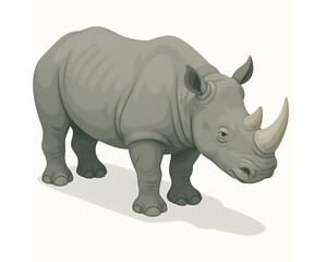 Obraz premium gray rhinoceros with two prominent horns, standing on a light background with subtle shadow. Isometric Generative ai raster colorful illustration.