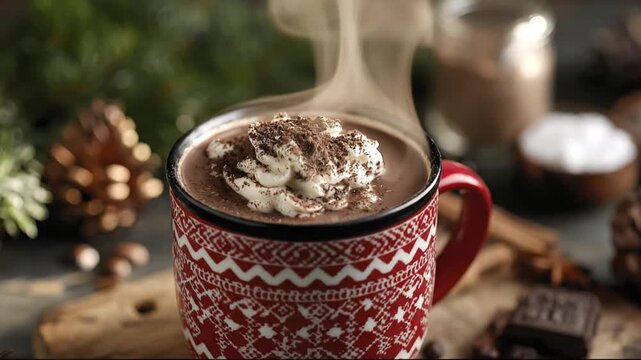 A steaming mug of hot chocolate with whipped cream in a festive red and white patterned cup set in a rustic winter scene with pinecones and spices