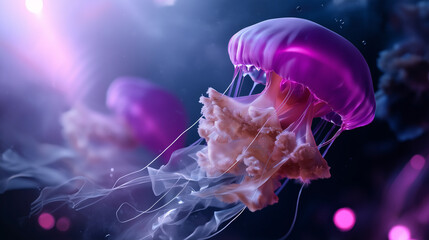 Dreamy haze with glowing jellyfish partially obscured by diffused light, faceless, with copy space