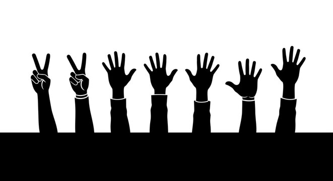 Diverse hands raised showing unity support and participation in events