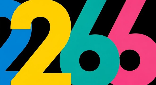 Vibrant abstract close up of overlapping colorful numbers two and six in bold graphic design with a black background creating a modern and energetic visual