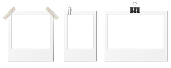 Empty retro-style picture frames attached with tape and clips, ideal for collage creation, decoration, and layout design. Minimal instant photo borders with stationery elements for digital artwork, sc