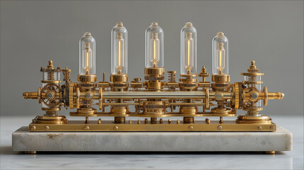 Elegant Steampunk Lamp: A captivating vintage lamp crafted with intricate steampunk design elements, featuring a marble base and exposed light bulbs, exudes a blend of artistry and industrial charm.