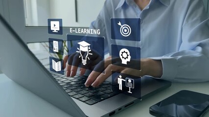E-learning educationDigital internet lessons and online webinar on virtual screen..Education internet Technology.Business person who attends online lessons on a digital technology screen.	 - Powered by Adobe