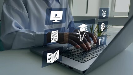 E-learning education concept showing online learning through webinars, video tutorials and interactive internet lessons. Modern digital study environment for remote training and skill development.