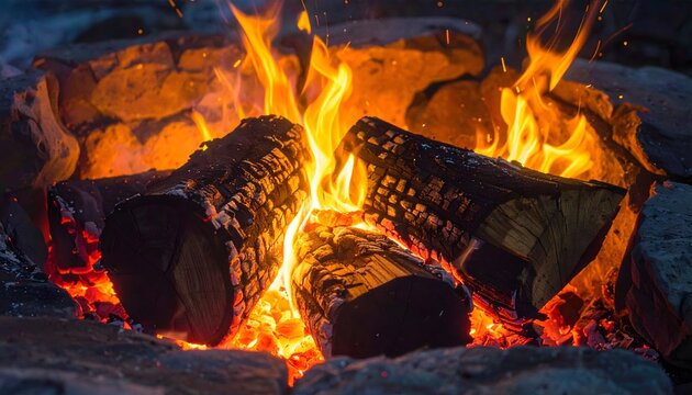 A close-up view of a campfire with burning logs and bright orange flames surrounded by a ring of stones.