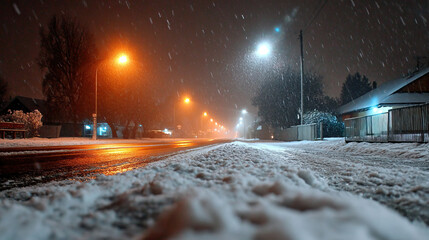 Obraz premium Snowy night street with glowing orange and white lamps, falling snowflakes, wet reflective road and snow covered sidewalk creating quiet atmospheric urban winter scene