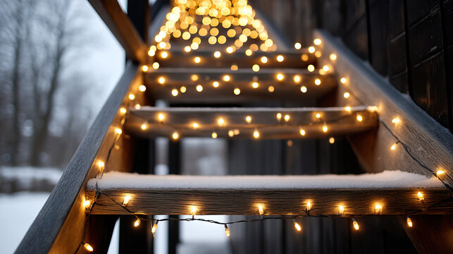 Snow dusted wooden steps wrapped in warm glowing string lights creating cozy festive evening atmosphere and soft bokeh - Powered by Adobe