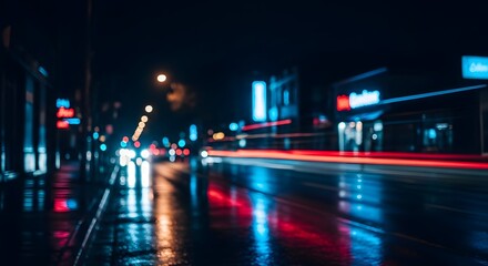 Naklejka premium A vibrant city street at night illuminated by colorful neon lights and streaks of vehicle headlights creating a dynamic urban scene